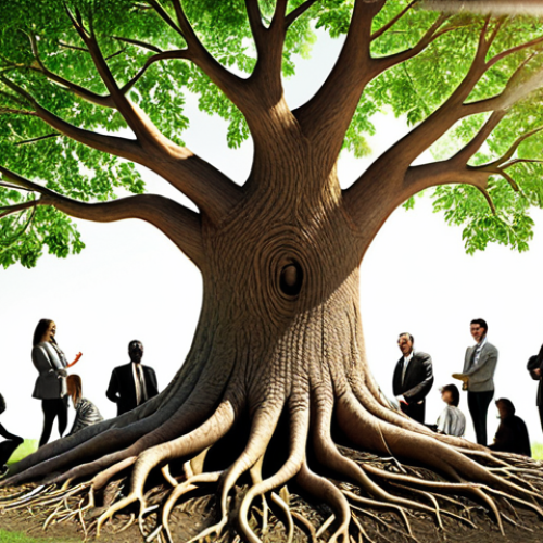 **

A diverse group of people collaboratively building a thriving green tree, symbolizing shared value creation. The tree's roots represent ethical business practices and supply chain responsibility, while its branches depict environmental sustainability, employee well-being, and community development. The sun shining brightly represents transparency and positive impact.

**