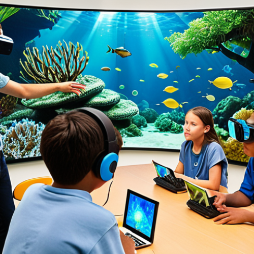 Home 14 A vibrant, futuristic classroom where diverse young students are actively engaged in hands-on environmental education. One student wears a virtual reality headset, immersed in a lush, fragile ecosystem like a coral reef or rainforest. Others interact with holographic or augmented reality displays showing interconnected ecological systems, such as a circular economy diagram or real-time climate data. The scene emphasizes technological empowerment, deep understanding of systemic issues, and a hopeful, engaging learning environment.