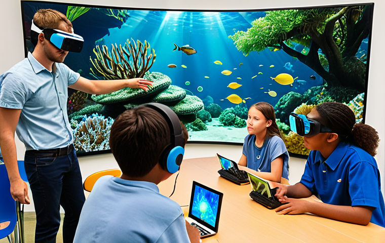 A vibrant, futuristic classroom where diverse young students are actively engaged in hands-on environmental education. One student wears a virtual reality headset, immersed in a lush, fragile ecosystem like a coral reef or rainforest. Others interact with holographic or augmented reality displays showing interconnected ecological systems, such as a circular economy diagram or real-time climate data. The scene emphasizes technological empowerment, deep understanding of systemic issues, and a hopeful, engaging learning environment.