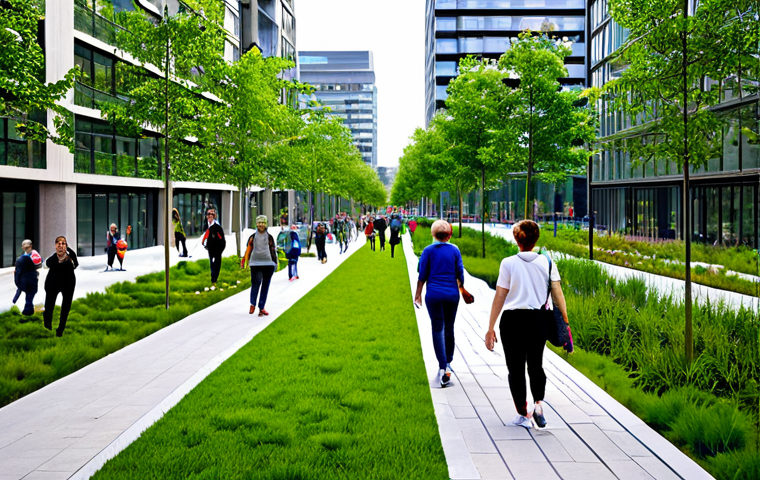 **Prompt 1: The Green Pulse of the City**
A vibrant, sunlit urban scene depicting a diverse group of people, including adults and families, enjoying a modern linear park. Subjects are fully clothed in modern, casual, and appropriate attire. The park features lush green infrastructure such as vertical gardens, well-maintained community garden plots, and integrated sustainable design elements. In the background, contemporary, eco-friendly city buildings with prominent green roofs are visible. The atmosphere is peaceful and community-oriented, with individuals walking, cycling on a nearby dedicated path, and children playing safely in designated areas. This image embodies the redrawing of urban space to integrate nature, fostering community connection and well-being.
Professional photography, clear focus, high detail, sharp resolution, natural lighting, perfect anatomy, correct proportions, natural pose, well-formed hands, proper finger count, natural body proportions, safe for work, appropriate content, fully clothed, family-friendly.