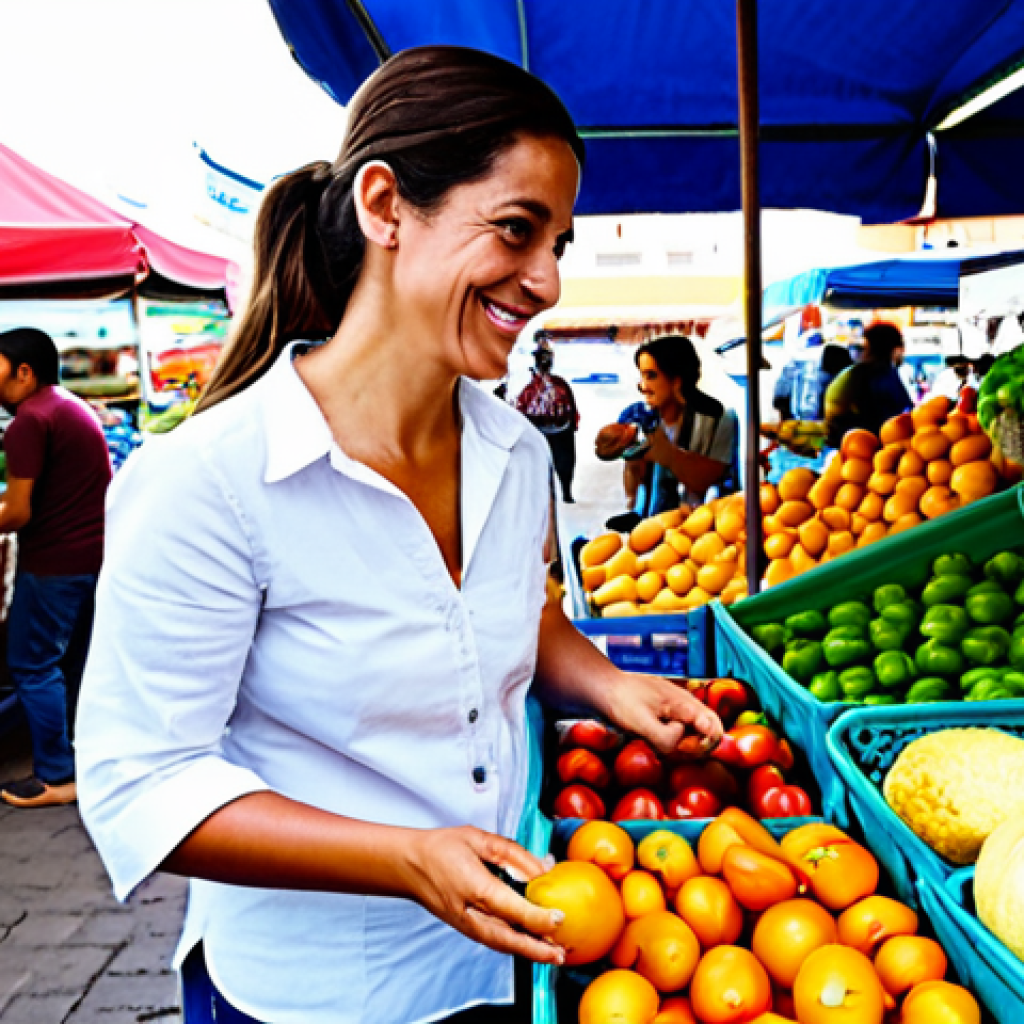 Sustainable Grocery Shopping**

A bright, open-air Spanish market scene. A woman in her 30s, wearing a casual but stylish *guayabera* and *alpargatas*, smiles as she shops for fresh produce. She's holding a reusable *cesta* overflowing with colorful fruits and vegetables.  In the background are vendors with stalls displaying organic food with "Producto Ecológico" signs. Focus on the vibrant colors and the feeling of community. Include "mercado local", "agricultura sostenible", "sin plásticos". safe for work, appropriate content, fully clothed, professional photography, perfect anatomy, natural proportions, family-friendly.

**