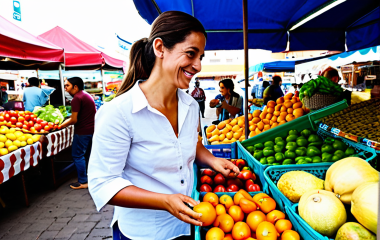 Sustainable Grocery Shopping**

A bright, open-air Spanish market scene. A woman in her 30s, wearing a casual but stylish *guayabera* and *alpargatas*, smiles as she shops for fresh produce. She's holding a reusable *cesta* overflowing with colorful fruits and vegetables.  In the background are vendors with stalls displaying organic food with "Producto Ecológico" signs. Focus on the vibrant colors and the feeling of community. Include "mercado local", "agricultura sostenible", "sin plásticos". safe for work, appropriate content, fully clothed, professional photography, perfect anatomy, natural proportions, family-friendly.

**