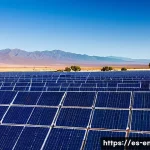 녹색 에너지 정책 - A vibrant solar energy farm in a sunny, arid Latin American desert landscape, featuring rows of mode...