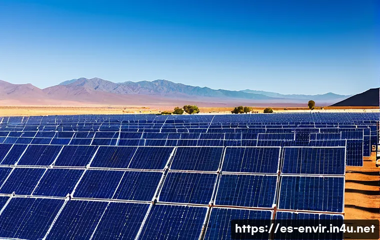 녹색 에너지 정책 - A vibrant solar energy farm in a sunny, arid Latin American desert landscape, featuring rows of mode...