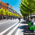 Home 23 녹색 교통 시스템 - A vibrant urban street scene in Madrid featuring diverse people riding electric bicycles and scooter...