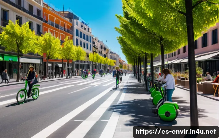 녹색 교통 시스템 - A vibrant urban street scene in Madrid featuring diverse people riding electric bicycles and scooter...
