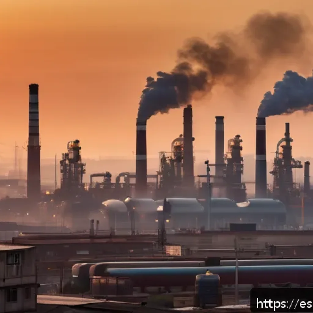 대기 중 CO2 농도 변화 - A sprawling industrial cityscape at dusk in a Spanish-speaking urban region, with numerous factories...