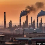 대기 중 CO2 농도 변화 - A sprawling industrial cityscape at dusk in a Spanish-speaking urban region, with numerous factories...