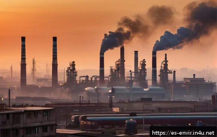 대기 중 CO2 농도 변화 - A sprawling industrial cityscape at dusk in a Spanish-speaking urban region, with numerous factories...