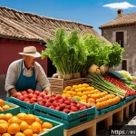 지속 가능한 식량 생산과 소비 - A vibrant farmers market scene in a sunny Spanish village, showcasing colorful seasonal fruits and v...
