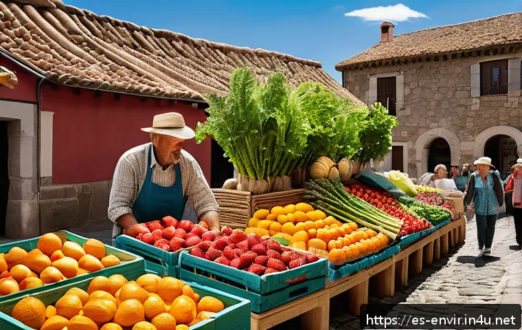 지속 가능한 식량 생산과 소비 - A vibrant farmers market scene in a sunny Spanish village, showcasing colorful seasonal fruits and v...